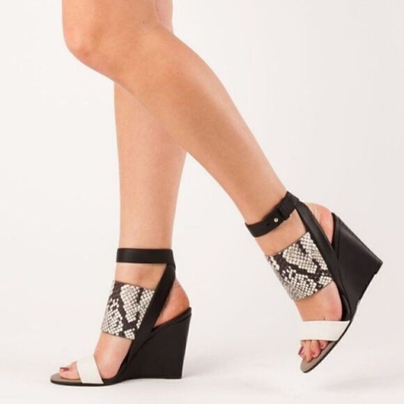Vince Kyra Snake Embossed Leather Wedge Sandals - Picture 1 of 8